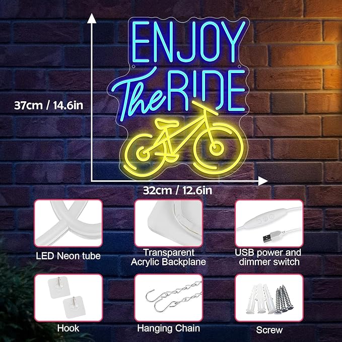 Enjoy The Ride Neon Sign, Gym Sign Fitness Neon Light, Motivational Sport Exercise Bike Sign Wall Decor Led Business Signs Backdrop Lights Wall Hanging Creative Neon Lights Signs Usb Powered