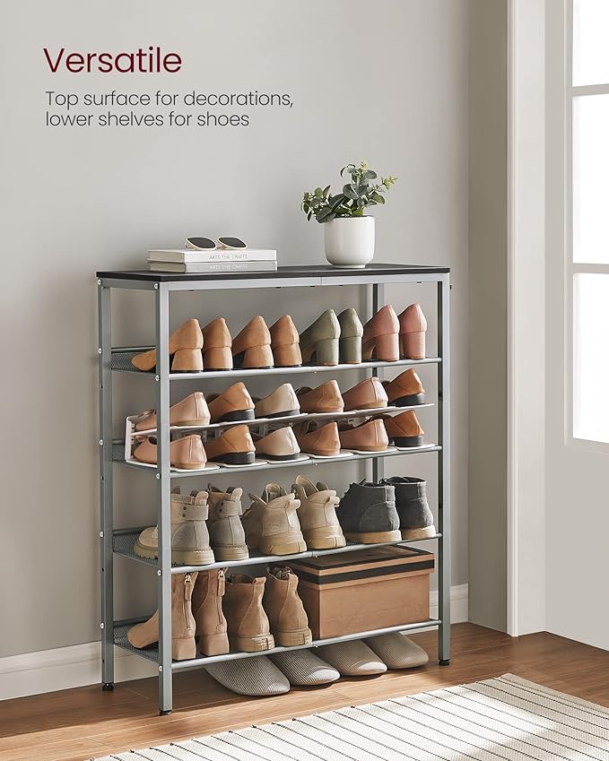 VASAGLE Shoe Rack for Entryway, 5-Tier Shoe Rack Organizer with Storage Shelves and Spacious Top, Freestanding, Adjustable, Industrial, Charcoal Grey and Metallic Silver ULBS038E22
