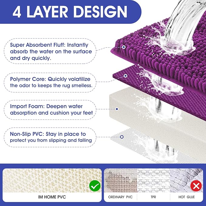ACCUMTEK Striped Purple Bathroom Rug Set 3 Pieces Ultra Soft, Non Slip Chenille Toilet Mat, Absorbent Plush Shaggy Bath Mats for Bathroom, Bedroom, Kitchen