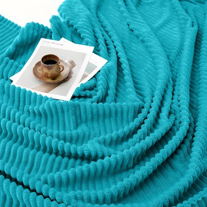 Vessia Flannel Fleece Throw Blanket for Couch,Sofa,Bed, 300GSM Striped Teal Blanket for Adults and Kids, Super Soft Warm Cozy Lightweight Ribbed Throw for All-Season
