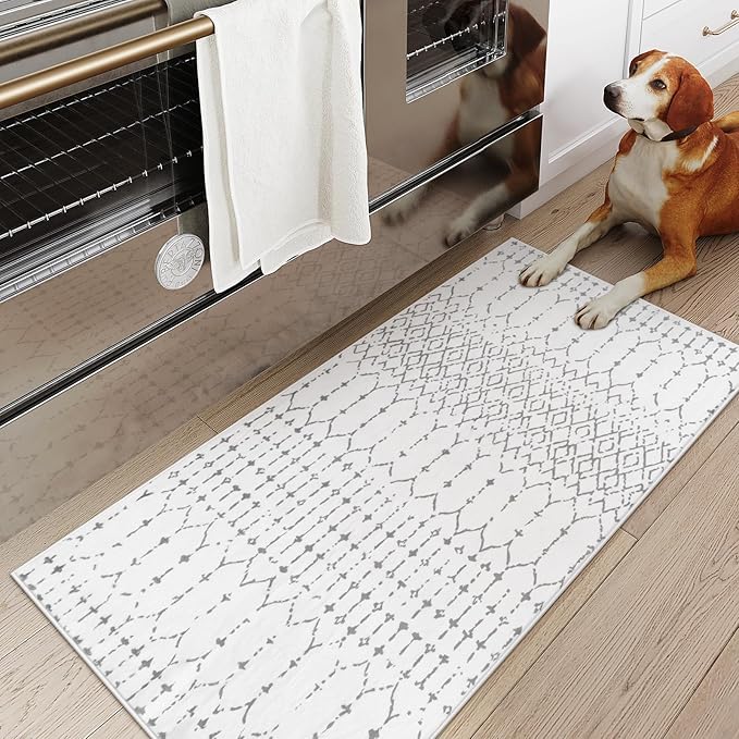Lahome Moroccan Runner Rug for Hallway - 2x4 Rug Washable Non-Slip Small Carpet Runner Lightweight Throw Rubber Back Bath Carpet, Geometric Print Mat for Kitchen Entryway Bedroom (White, 2'x4')