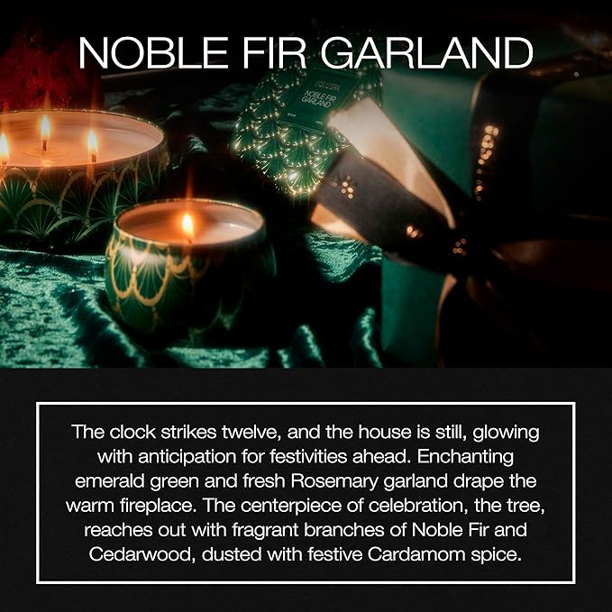 Voluspa Noble Fir Garland, Mini Tin Candle, 4 oz, 25 Hour Burn Time, Coconut Wax Candle for The Home, Handcrafted in The USA