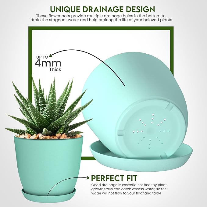 Utopia Home - Plant Pots Indoor with Drainage - 7/6.6/6/5.3/4.8 Inches Flower Pots for Indoor Planter - 5 Pack Plastic Planters - Ideal for Stocking Stuffers or Home Christmas Decorations - Aqua