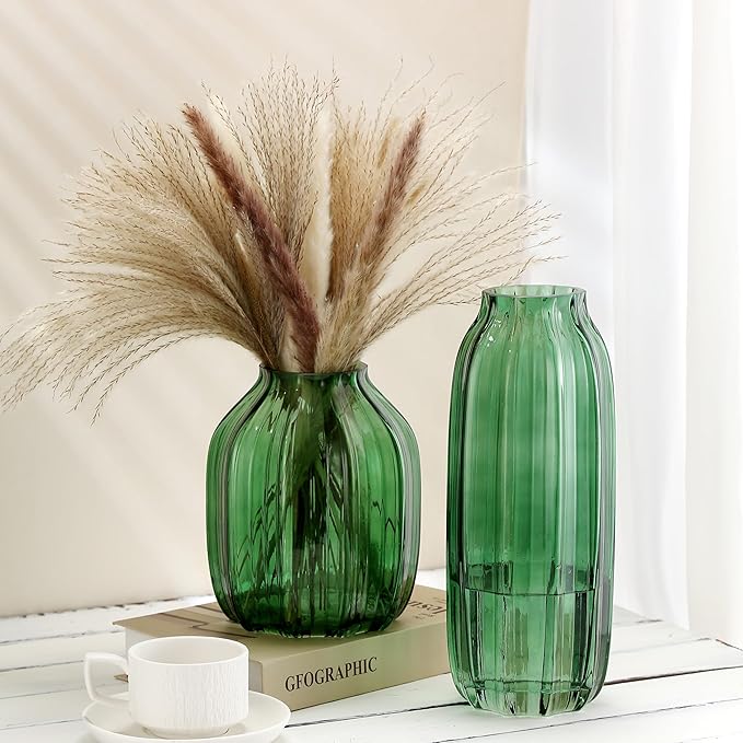 Green Glass Vase for Flowers Bud Tall Glass Vases,H-8.0" Simple Striped Design for Home Floor Decor,Farmhouse Decor, Centerpiece Coffee Table Decorations (Green 8.0IN)