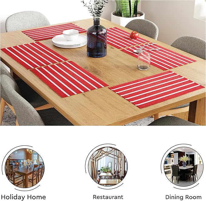 Encasa XO Dining Placemat Set of 6 | Roma Red Stripes Color | Fine Ribbed Cotton Table mat | Size 19x13 in | Machine Washable