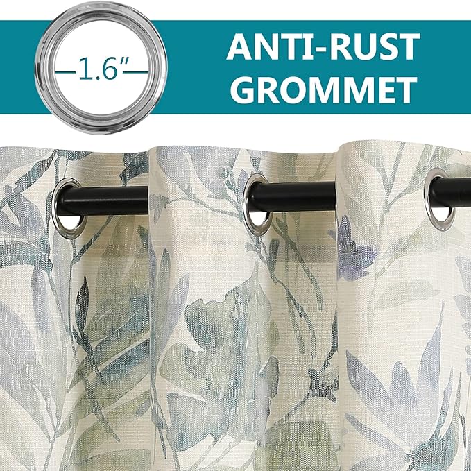 MYSKY HOME Sage Green Curtains 45 Inch Length Light Filtering Cotton Curtains for Kitchen Bedroom Floral Printing Window Treatment Grommet 2 Panels,Sage and Natural
