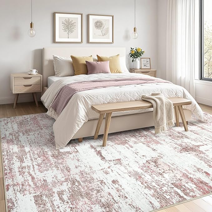 Area Rugs for Living Room: 8x10 Abstract Washable Rug Modern Neutral Large Soft Stain Resistant Non-Slip Backing Machine Table for Bedroom Dining Room Indoor Home Office Carpet - Pink