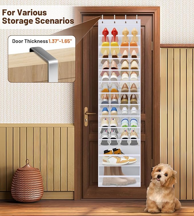 MISSLO 12 Tier Over the Door Shoe Organizer Hanging Shoe Rack for Closet Storage Sneaker Holder for Door Fit 24 Pairs Sandals, Heels, Boots (White)