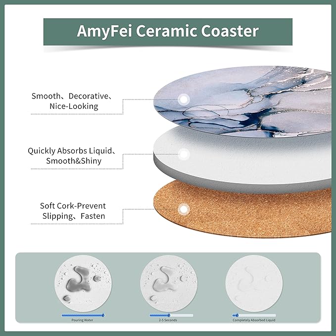 Round Coasters, Crystal Blue Ceramic Marble, 6 Pcs for Drinks, Non-Slip for Desk & Room Decor (4 Inches)