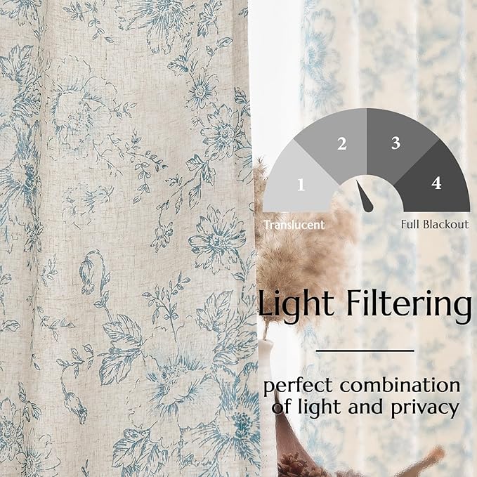 jinchan Lined Linen Blend Curtain Floral Curtains for Living Room 90 Inches Long Blue Peony Flower Printed Curtain Rod Pocket Back Tab Farmhouse Patterned Drapes Bedroom Window Curtains Set 2 Panels