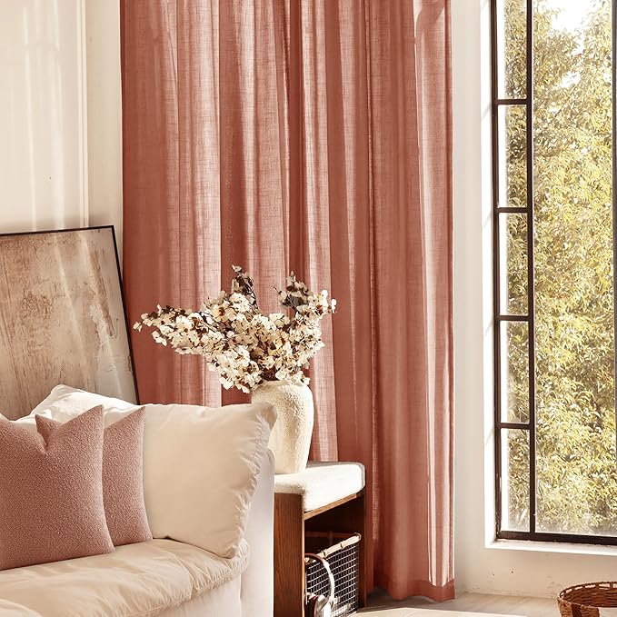 84 inch Linen Terracotta Curtains 2 Panels for Living Room Back Tab Light Filtering Semi Sheer Rust Colored Curtains 84 inches Long Soft Thick Cotton Cloth Textured Rustic Boho Farmhouse Room Decor