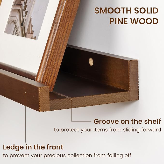 Picture Ledge Shelf, Solid Pine Wood Rustic Floating Shelves for Wall, 48 Inch Long Floating Shelves with Lip for Bedroom Kitchen Living Room Nursery Display, Set of 2 (Walnut)