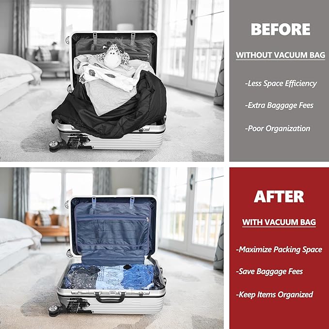 SUOCO Travel Vacuum Bags for Luggage with Portable Electric Pump, 8 Large Packing Seal Bags for Clothing Suitcase Backpack, Space Saver Compression Clothes Storage Bag