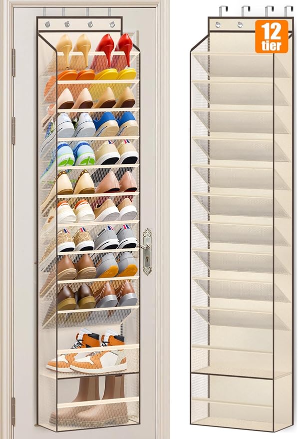 MISSLO 12 Tier Over the Door Shoe Organizer Breathable Mesh Hanging Shoe Rack for Closet Storage Shoe Holder for Door Fit 24 Pairs Sandals, Heels, Boots (Beige)