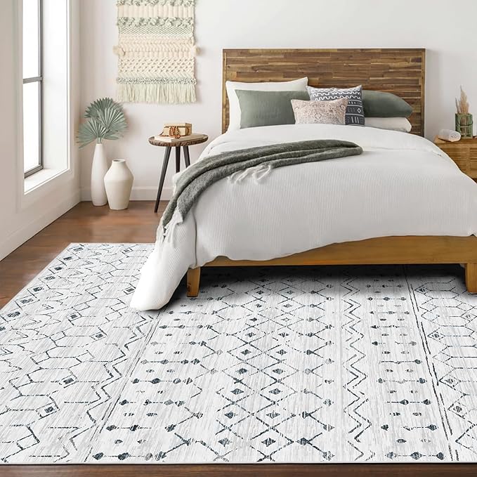 Deerly Living Room 8 x 10 Rug, Boho Moroccan Farmhouse Washable Distressed Area Rug with Non-Slip Backing, Large Soft Neutral Morden Indoor Carpet for Bedroom Dining Room, White/Dark Grey