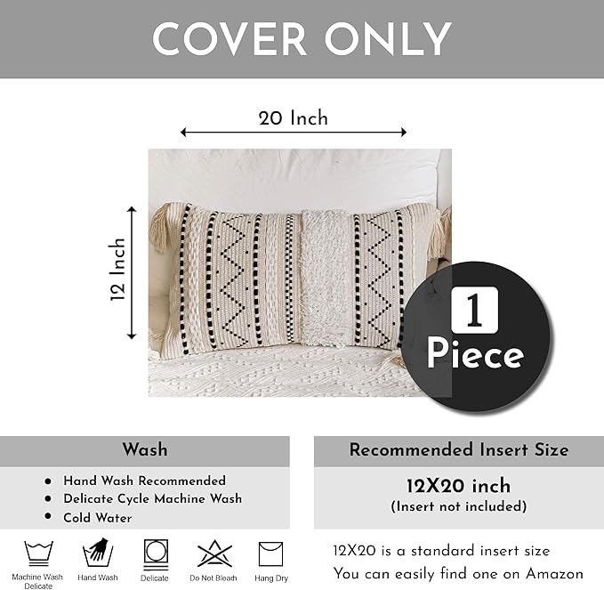 Decorative Lumbar Throw Pillow Cover 12x20 Rectangular Boho Accent Pillowcase Black Neutral White Farmhouse Cushion for Couch Sofa Bedroom Living Home Décor (Cover ONLY, Pack of 1)