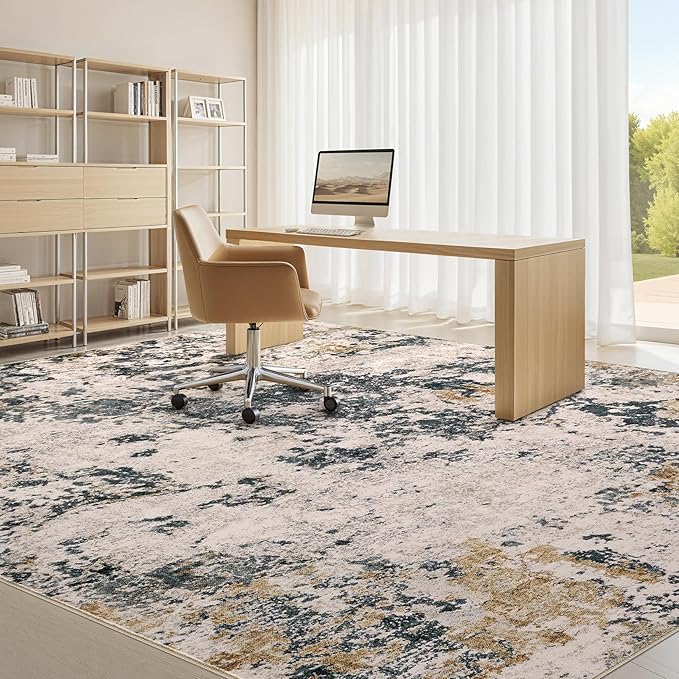 Area Rugs for Living Room: 10x12 Abstract Washable Rug Large Soft Stain Resistant Non-Slip Backing for Bedroom Dining Room Indoor Home Office Carpet for Kids Pet Friendly Families - Grey Gold