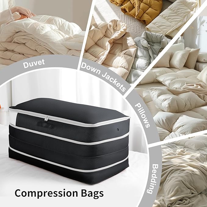 Comforter Storage Bag - Large Capacity Bedding Storage Bags Ultra Space Saving Self Compression Organizer, Washable Compression Bags for Storage Comforter Blanket Duvet Pillow, 4-Pack, Black