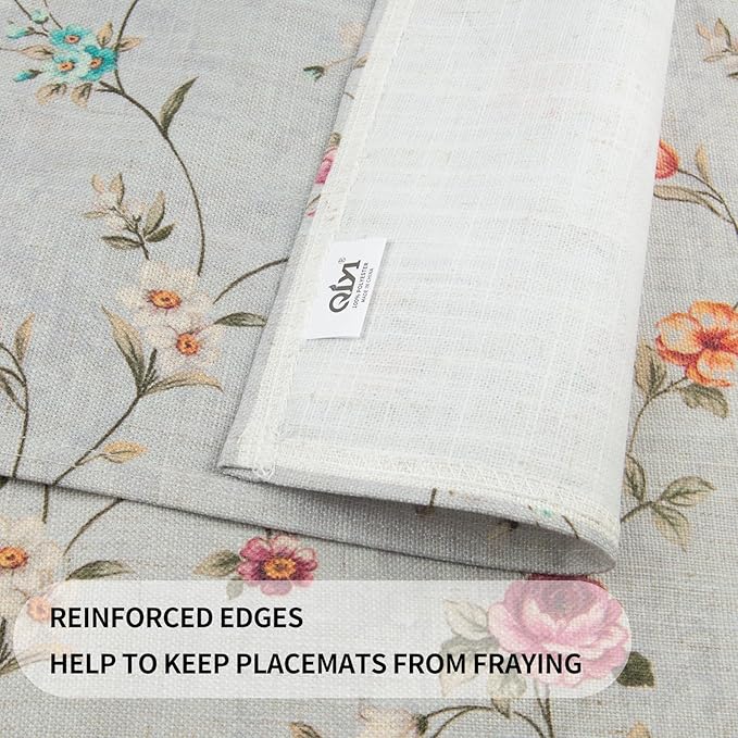 QIYI Boho Placemats Set of 4, 12x18 Inch Linen Fabric Floral Place Mats for Kitchen Dinning, Farmhouse Rustic Cloth Table Mats, Washable Placemat Party Table Décor, Vintage Pink Flowers
