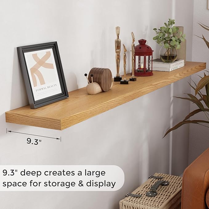 Oak Floating Shelves 72 Inch Long, 9.3" Deep Shelves Wall Mounted, 72"x9.3" Fireplace Mantel, Deep Storage Shelves for Home & Office, Rustic Large TV Stand - 9.3" D x 72" W x 1.5" H, 1 Pack
