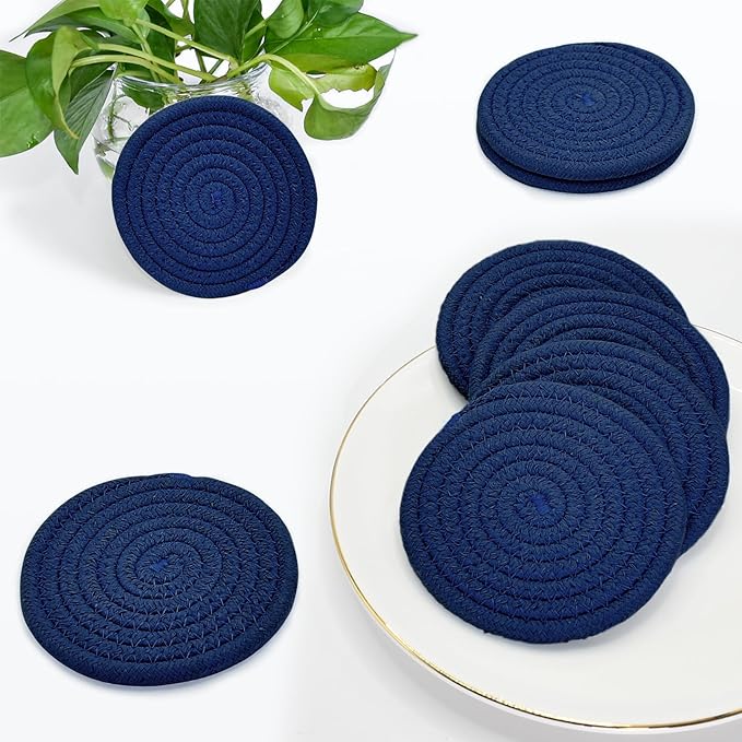 ABenkle 8 Pcs Drink Coasters with Holder, Cotton Woven Absorbent Coasters for Drinks, Minimalist Home Decor Coaster Set for Wooden Tabletop Protection Table, 4.3 inches