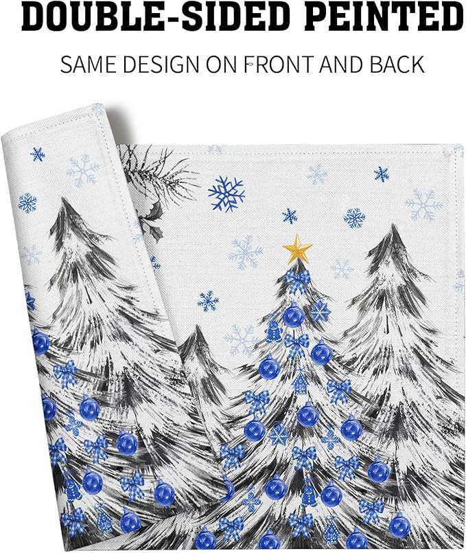 Giwawa Christmas Placemats Set of 4 Blue Grey Xmas Trees Balls Linen Place Mat 12"x18" Winter Poinsettia Floral Snowflakes Stain Resistant Table Mats for Kitchen Dining Holiday Party Decor