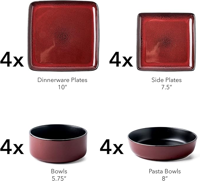 FLACKAR Square Stoneware 16pc Double Bowl Dinnerware Set for 4, Dinner Plates, Side Plates, Cereal Bowls, Pasta Bowls - Reactive Glaze Red (480349)