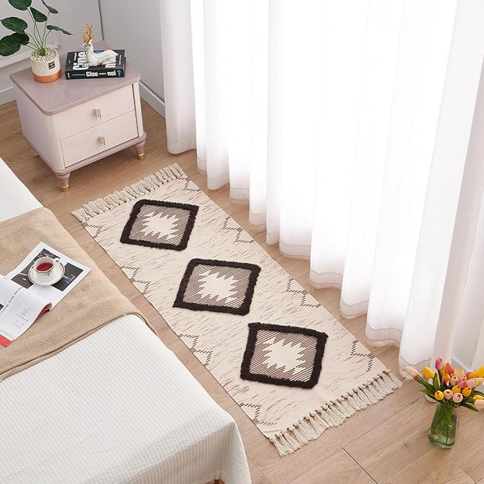 Boho Runner Rug 2'x5', Washable Hallway Rug Runner Non Slip Rubber Backed, Kitchen Farmhouse Area Rug Floor Mat with Tassels, Tufted Woven Cotton Entryway Carpet, Brown