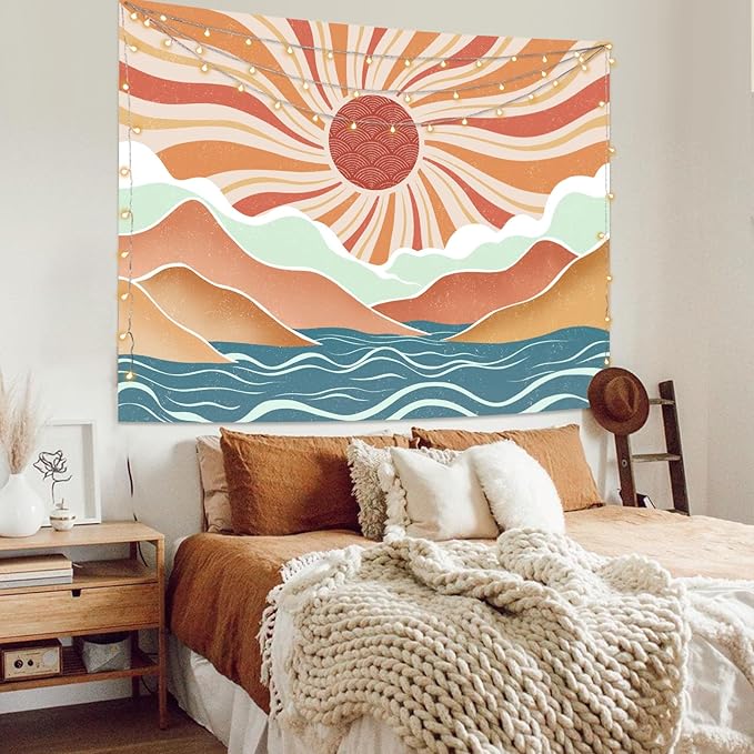 Lunerfex Boho Sun Tapestry Sunset Wall Tapestry, Mountain Tapestries for Bedroom 80s Tapestries Wall Hanging for Bedroom Living Room Wall Decor Boho-2 70"x90"