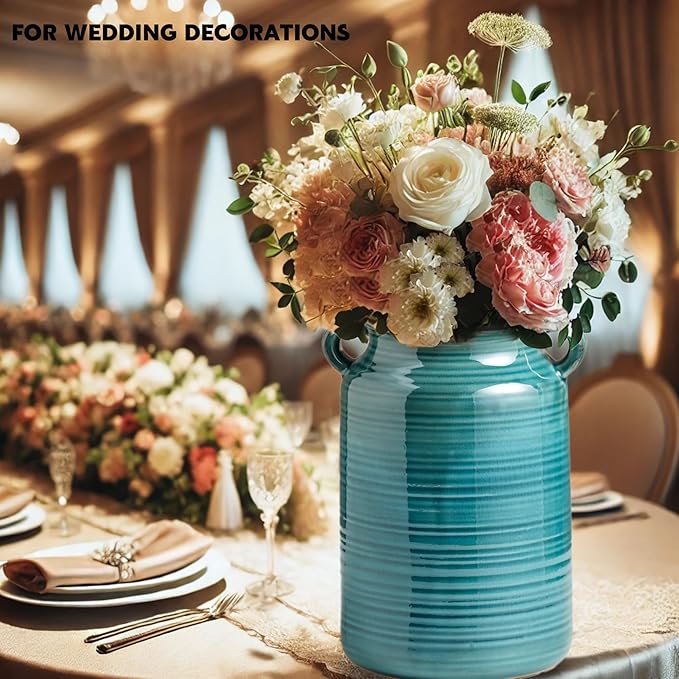 Ceramic Rustic Distressed Green Flower Vase for Centerpieces, Kitchen, Office or Living Room (5.9''x8.6'')