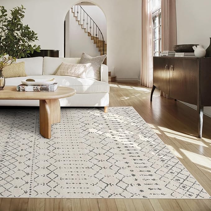 Deerly Large Area Rug 8x10 Living Room, Machine Washable 8 x 10 Rug Boho Moroccan Farmhouse Style, Ultra Soft Neutral Indoor Carpet for Bedroom Dining Room Playroom Office, Off White/Grey