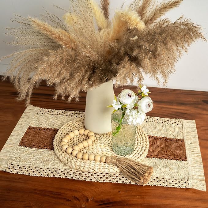 FEXIA Boho Placemats Set of 4, Macrame Table Decor and Farmhouse Style Placemats Natural Cotton Burlap, for Dining Table, Caramel