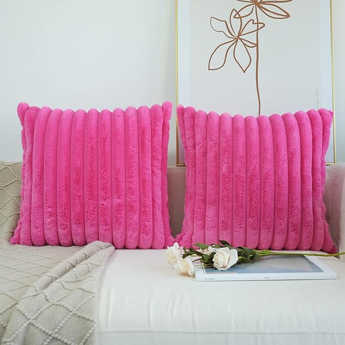 JOJUSIS Pack of 2 Faux Fur Plush Decorative Throw Pillow Covers Couch Cushion Case Soft Pillowcases (Hot Pink, 16 x 16-Inch)