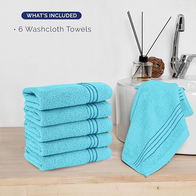 Elegant Comfort Premium Turkish Cotton 6 Pack Washcloths Set - 13 x 13 inch, Luxurious Hotel Spa Quality 100% Turkish Cotton 6PC Washcloth Set - Highly Absorbent - Soft Bathroom Towels, Aqua