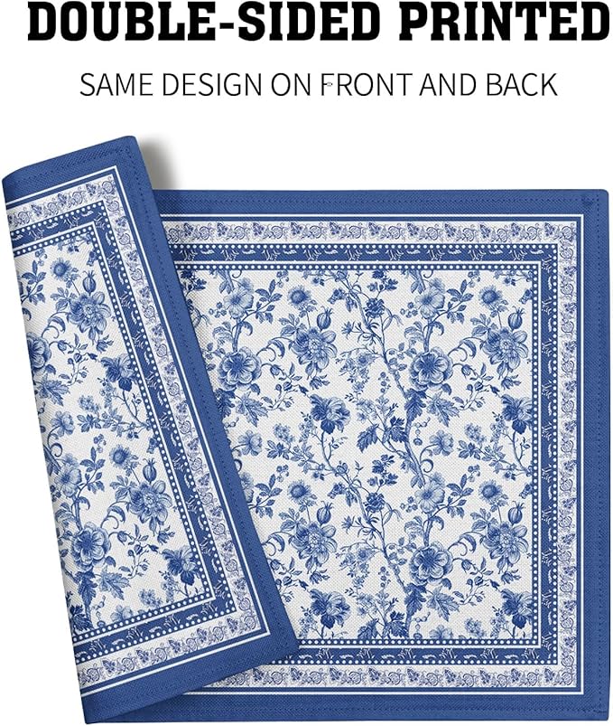 Blue Floral Branches Placemats Set of 4 ,12 x 18 Inch Chinoiserie Table Mats Washable Heat Resistant Linen Fabric Rectangle Place Mat for Indoor Outdoor Kitchen Dining Home Decor