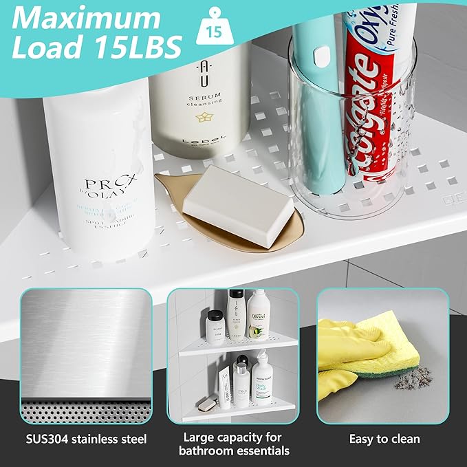 2 Pack Bathroom Corner Shelf, Recessed 12" Corner Shower Shelf, SUS304 Stainless Steel Triangular Wall Mount, No Drilling, Matte White