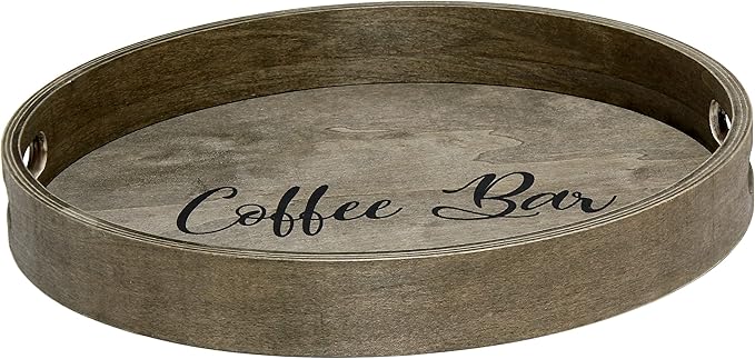 Elegant Designs HG2013-RGC Decorative 13.75" Round Wood Serving Tray w/Handles, Rustic Gray Coffee Bar