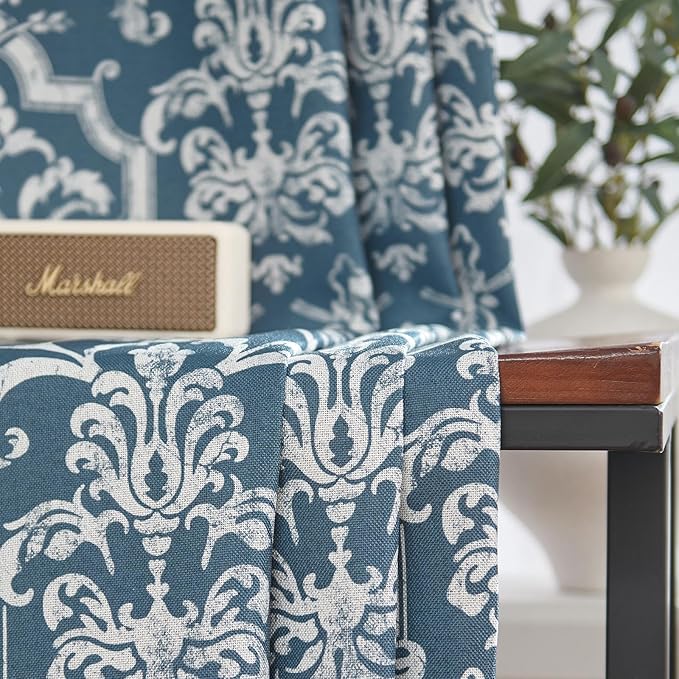 jinchan Room Darkening Curtains for Bedroom Blue Damask Patterned Curtains 96 Inch Length for Living Room Linen Textured Vintage Drapes Medallion Window Treatments Grommet Top 2 Panels Set