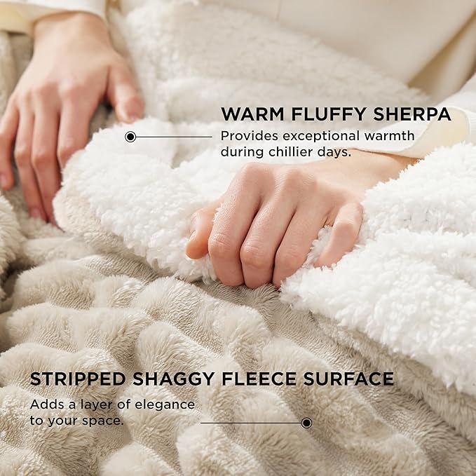 Bedsure Sherpa Blanket Queen Size for Bed - Super Soft Cozy Plush Fleece Thick Warm Blanket for Winter, Beige, 90x90 Inches