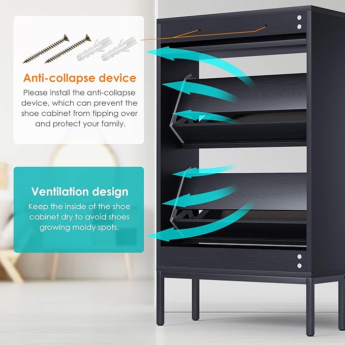 Yechen Shoe Rack Storage Organizer with 2 Natural Semi-Circular Rattan Doors, Entryway Wooden Shoe Cabinet for Sneakers, Leather Shoes,Heels (2 Piece, Black)