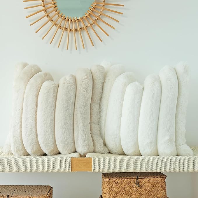JOJUSIS Pack of 2 Faux Fur Plush Decorative Throw Pillow Covers Couch Cushion Case Soft Fluffy Pillowcases Wide Stripe (Beige, 24 x 24 Inch)