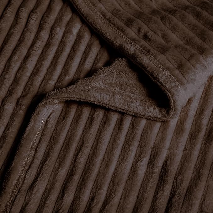 Vessia Flannel Fleece Queen Size Blanket(90x90 inch), 300GSM Cozy Brown Stripe Bed Blanket for Couch, Sofa and Bed, Warm and Soft Chocolate Microfiber Ribbed Decor for All Season