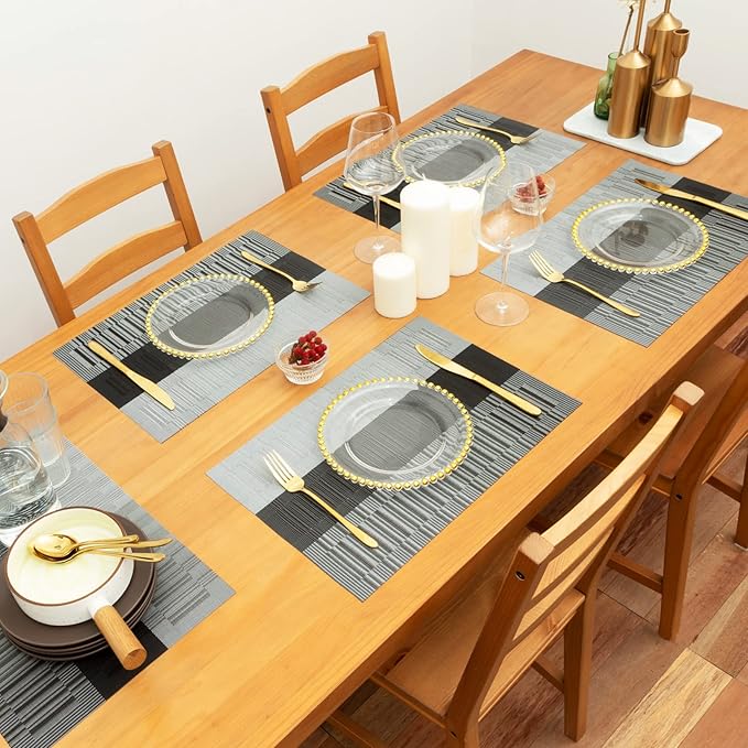 Winknowl Placemats, Set of 4 Heat Resistant Stain Resistant Non-Slip Woven Vinyl Insulation Placemats, Washable Durable Elegant Table Mats for Dining (Black)