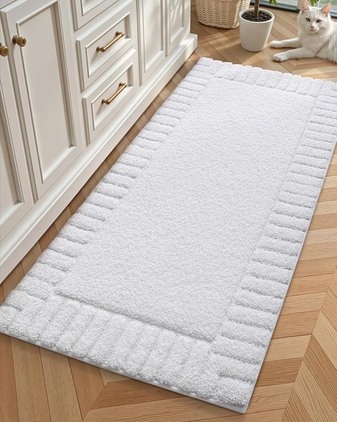Color&Geometry Long White Bathroom Runner Rug, 24"x43" Absorbent Bath Rugs Non Slip Washable, Soft Bath Mats for Bathroom Floor, Shower, Bathtub, Laundry