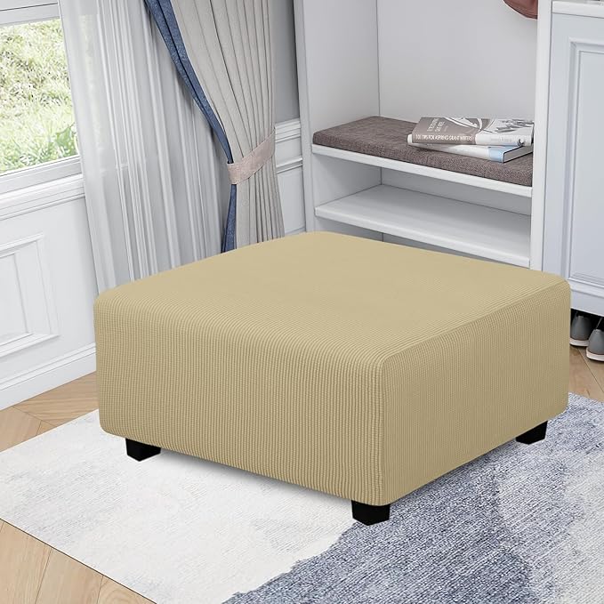 Easy-Going Stretch Square Ottoman Cover 40x40x15 inch Folding Storage Stool Furniture Protector Soft Rectangle slipcover with Elastic Bottom Beige