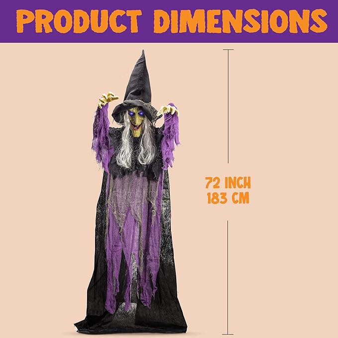 JOYIN 72” Halloween Hanging Witch Decorations Outdoor, Flying Talking Ghost Decor Light Up Eyes Sound Activated, Outside Indoor Haunted House Prop for Lawn Yard Garden, Purple