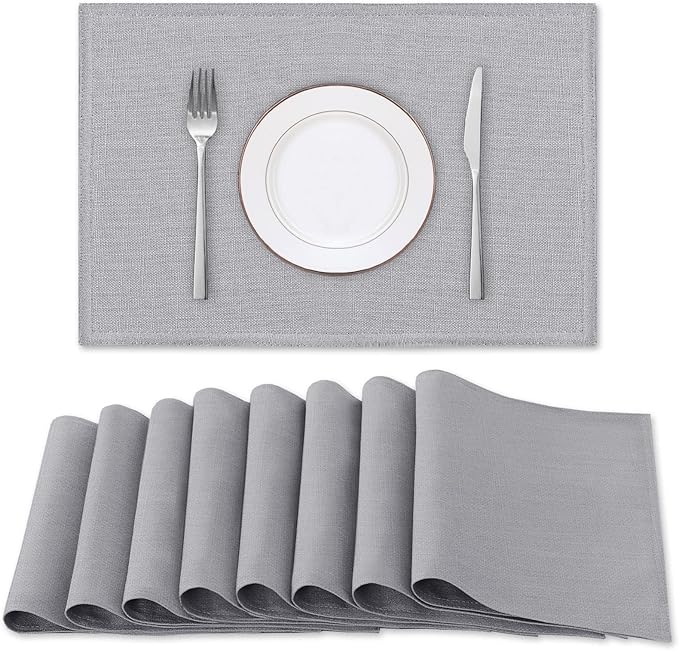 H.VERSAILTEX Linen Placemats Set of 8 Premium Solid Table Mats for Dining Table Spill-Proof Waterproof Heat-Resistant Kitchen Mats Washable, 12x18 inches, Grey