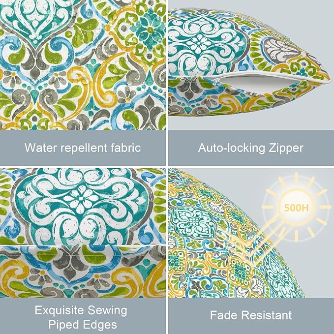 LVTXIII Outdoor Throw Pillow Covers Waterproof Tropic Accent Pillow Cases Fluffy Outdoor Cushion Covers for Garden and Patio Furniture Decoration, 16x16, 2 Pack, Damask Green