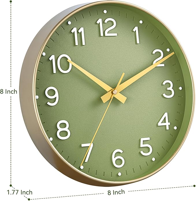 Wall Clock Green, Silent Wall Clocks Battery Operated 8 Inch-Modern Non Ticking Analog Clock Decorative for Kitchen Office Bathroom Bedroom(Gold)