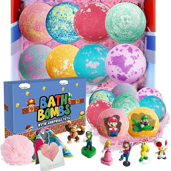Bath Bombs for Kids: Mario Bath Bombs with Surprise Inside, Easter Bath Rich in Natural Essential Oils, Kids BathBombs Gift Set for Dry Skin Moisturize, Gifts for Toddlers (8 Pcs)